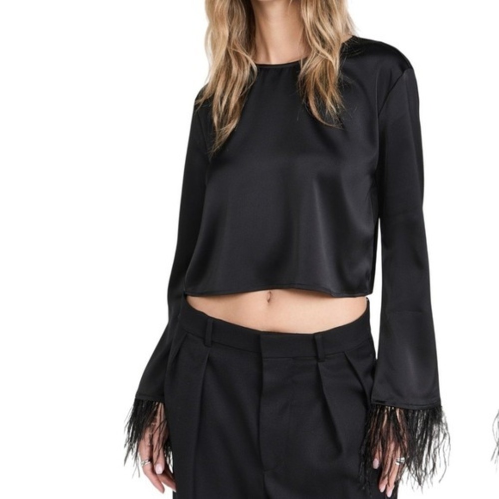 WAYF Black Satin Feather Trim Long Sleeve Crop Top Women's Size‎ S NWT Shopbop